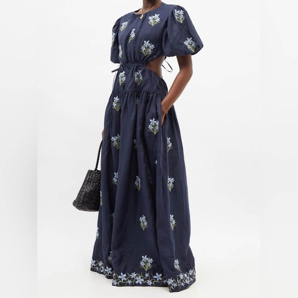 NWT Agua by Agua Bendita Samba Floral-Embroidered Linen Maxi Dress